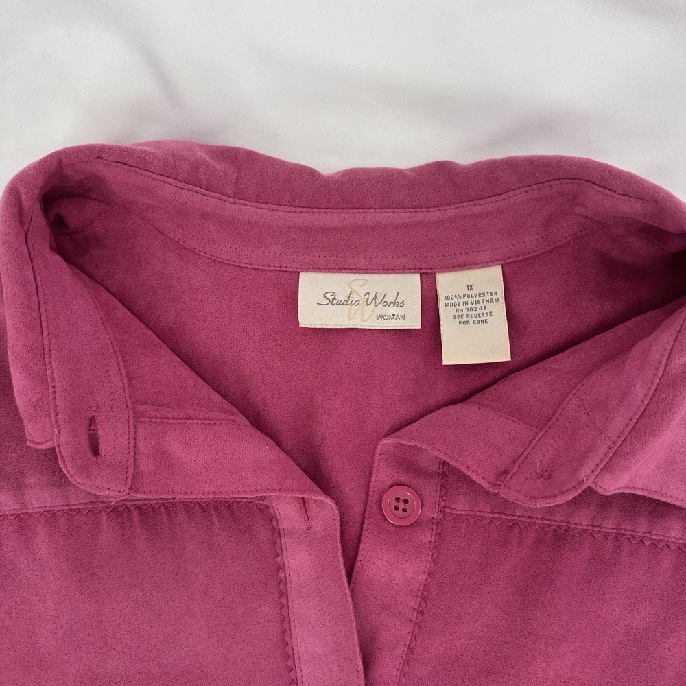 Studio Works 1X Button Up Shirt Top Long Sleeve Pink Suede-like Classic Preppy - Picture 5 of 9
